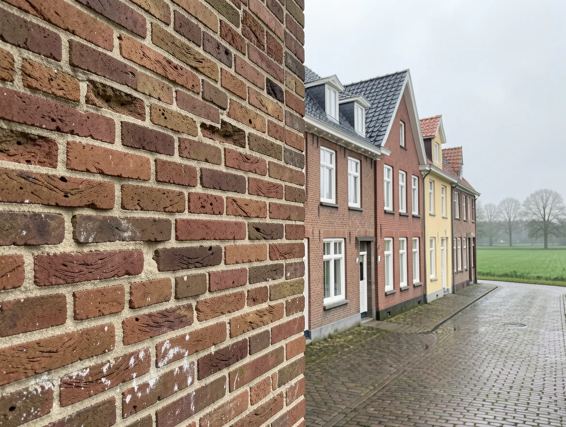 Bakstenen gevel van een oud herenhuis met uitgesleten voegen