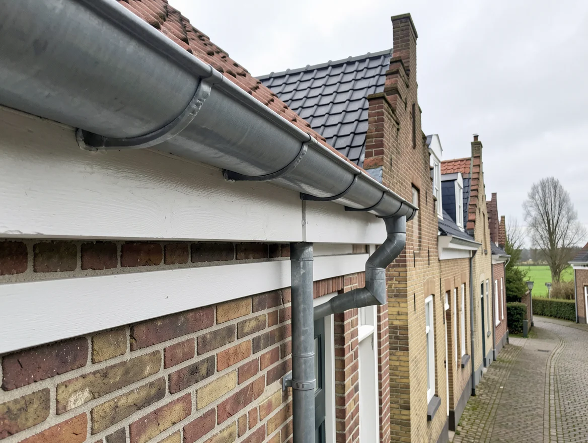Nieuwe zinken hanggoot en afvoerbuis aan een bakstenen rijwoning