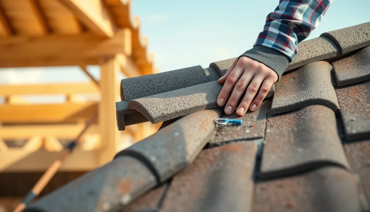 Dakwerker plaatst betonnen dakpannen op een dakstructuur