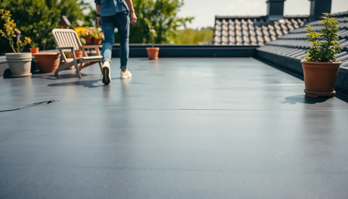 Toit plat en EPDM en usage quotidien avec mobilier de jardin, illustrant son entretien facile