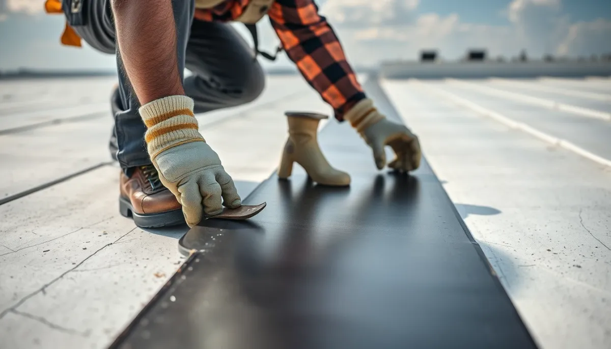 Installation professionnelle d'une membrane EPDM sur un toit plat, montrant le processus sans joints