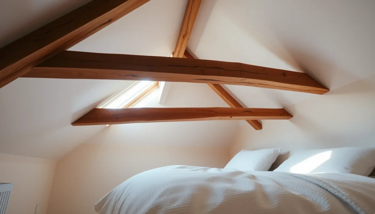 Chambre sous les toits avec isolation apparente entre les poutres