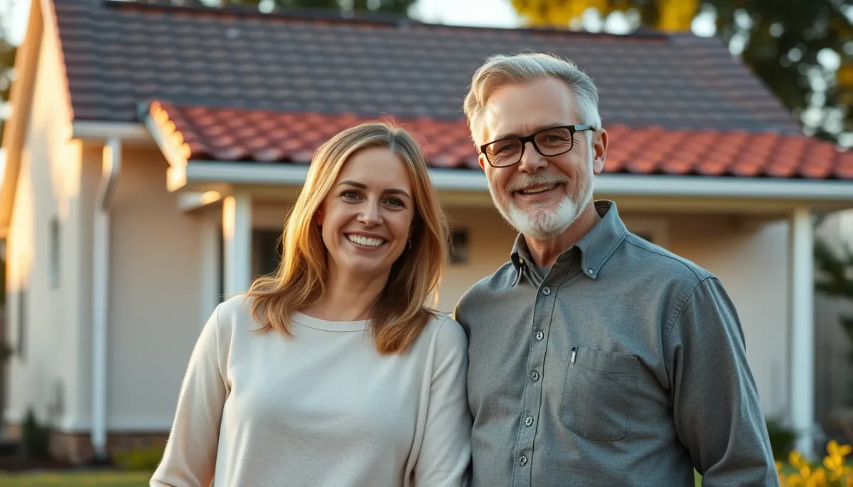 Couple devant une maison avec toiture rénovée
