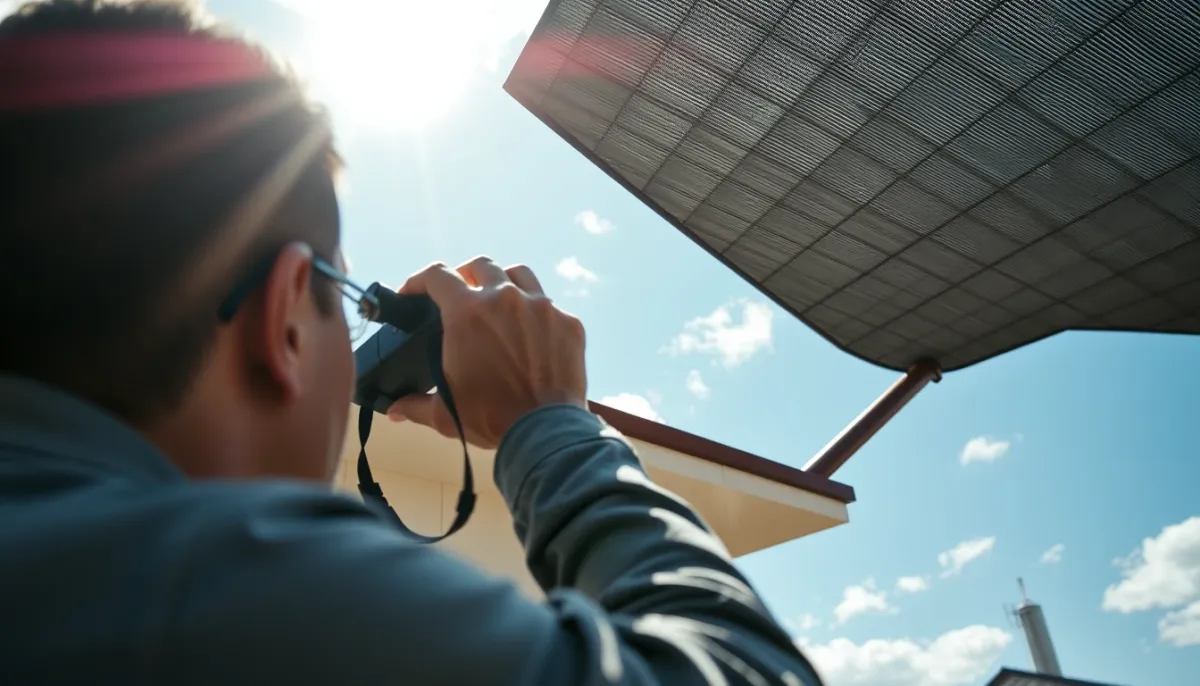 Inspection d'un toit à l'aide de jumelles depuis le sol pour évaluer la croissance de la mousse