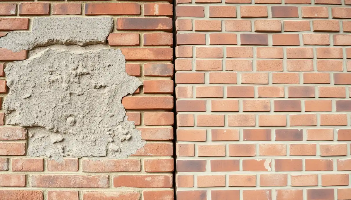 Comparaison de deux murs en briques : à gauche, surface endommagée par le sablage ; à droite, surface préservée par un nettoyage doux