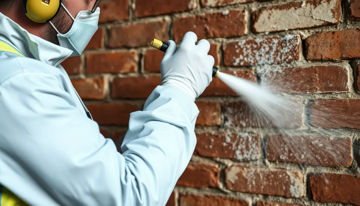 Spécialiste utilisant un nettoyeur à vapeur basse pression sur un mur en briques anciennes