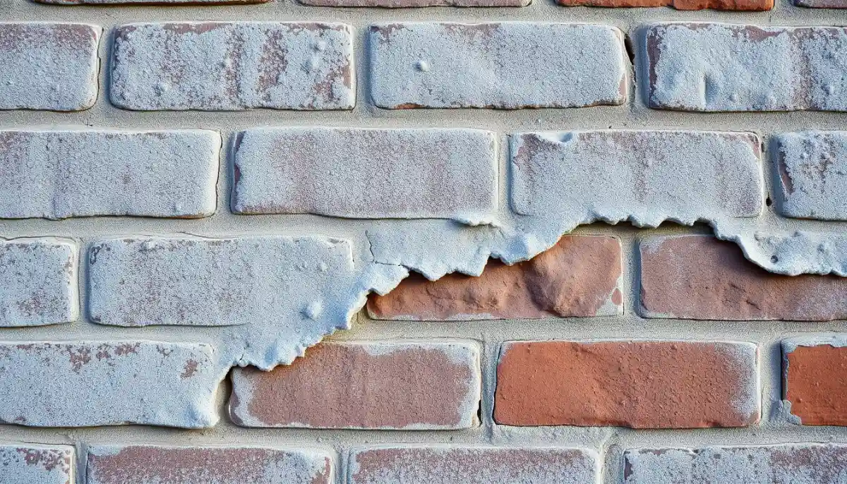 Mur en briques présentant des dommages dus au gel et des joints qui s'effritent, conséquence possible du sablage