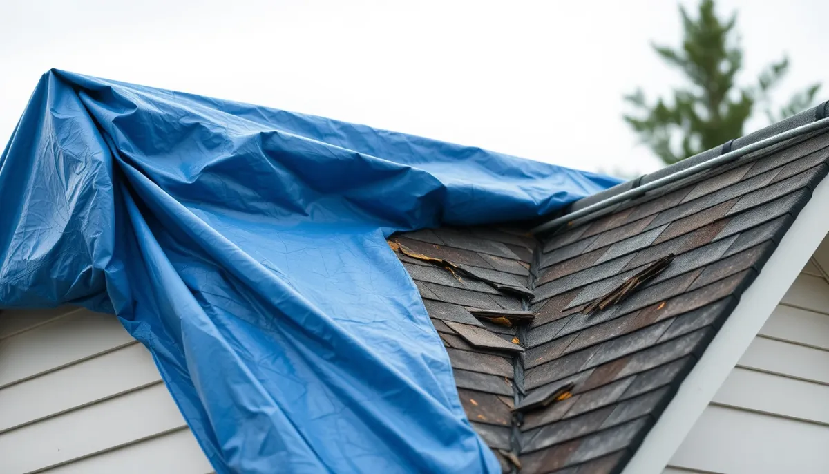 Tijdelijke noodreparatie van een daklek met een blauw zeil over beschadigde pannen