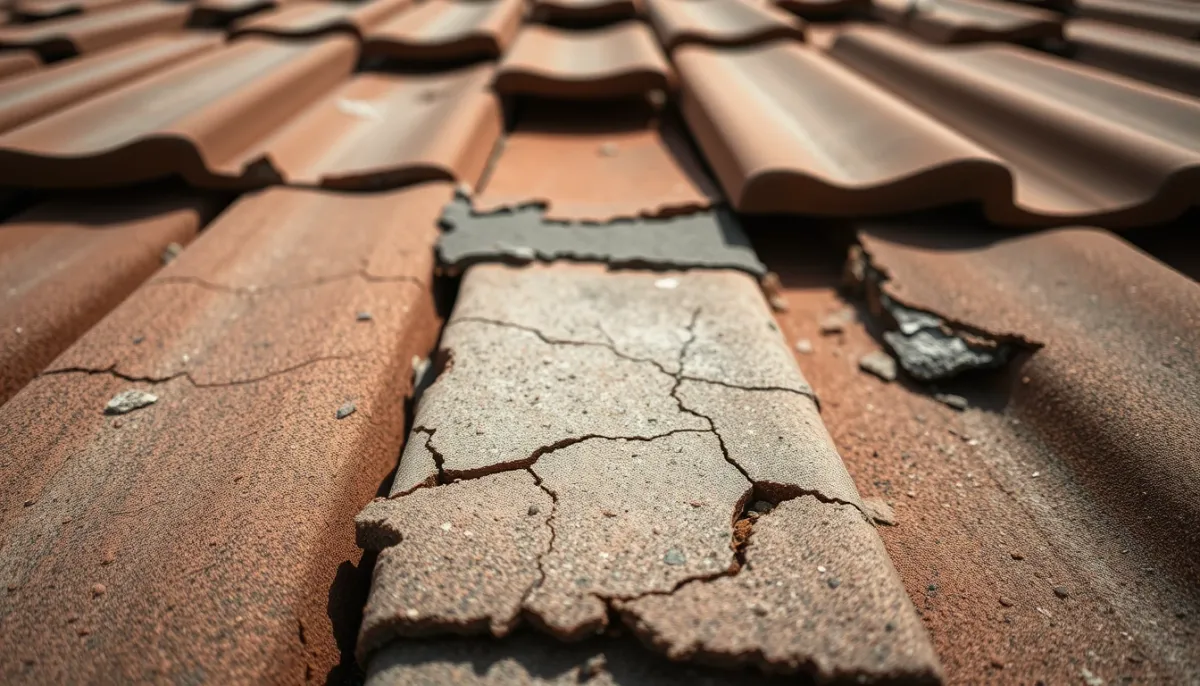 Close-up van gebroken en verschoven dakpannen na een storm