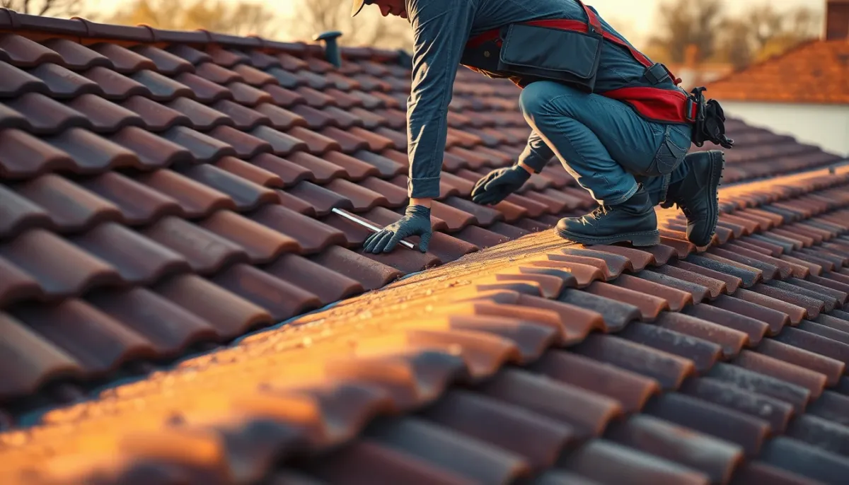 Dakwerker voert een preventieve dakinspectie uit op een hellend dak bij zonsondergang