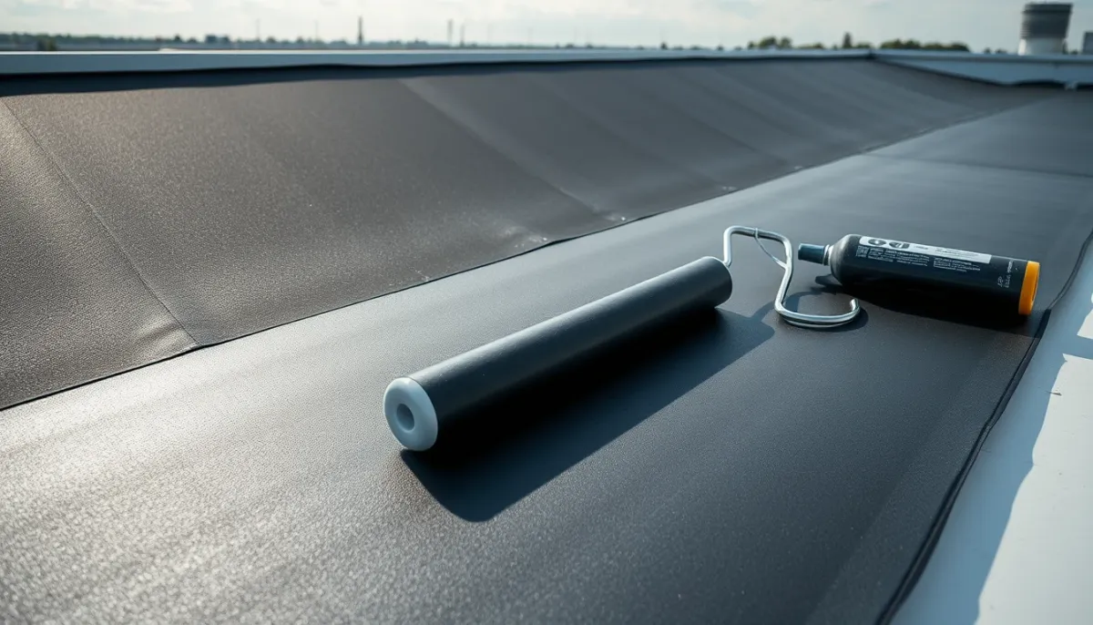 Close-up van EPDM-dakbedekking tijdens plaatsing op een plat dak