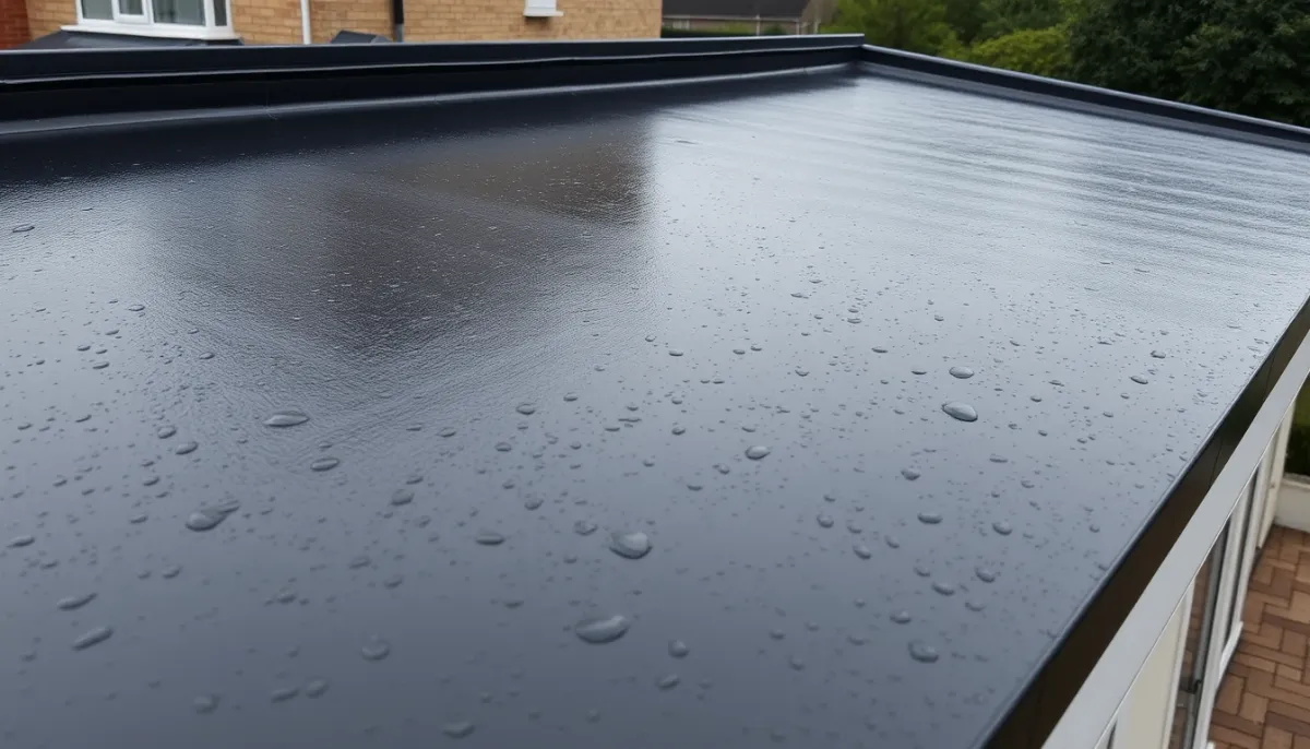 EPDM-dak na regen met waterdruppels op het rubberen membraan