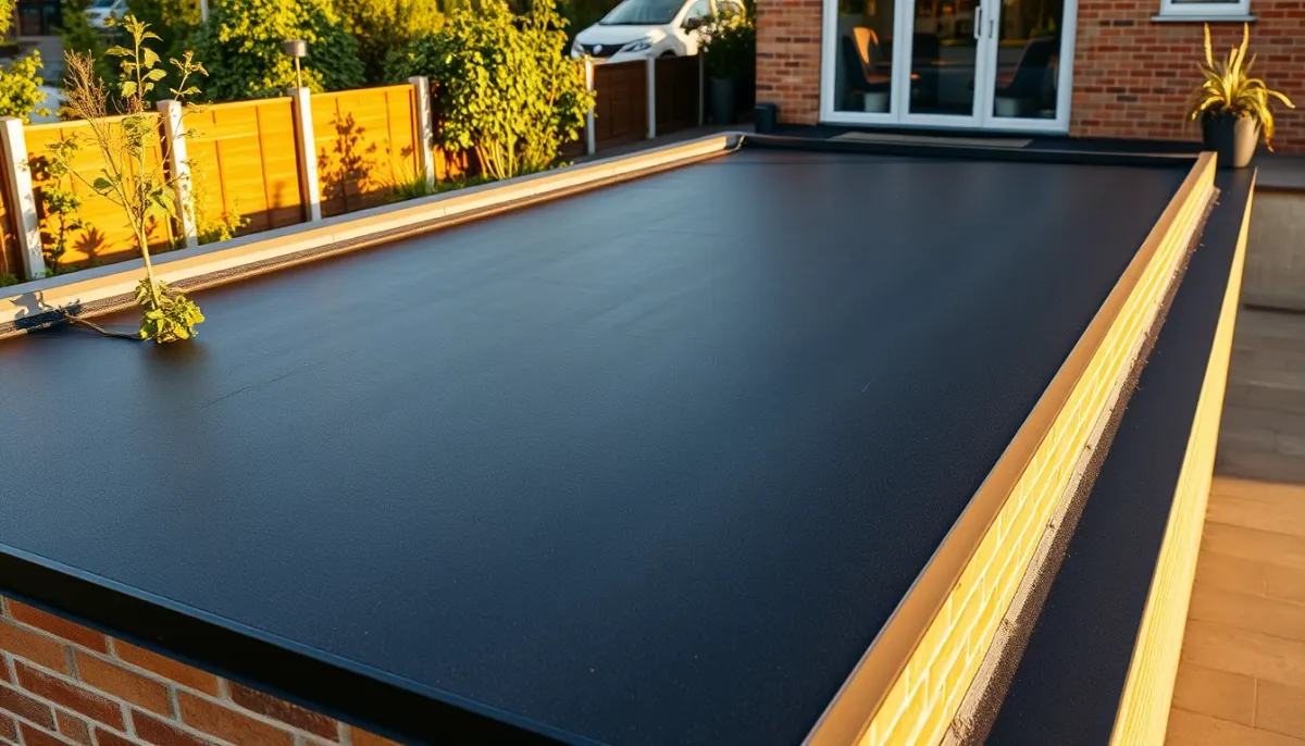 EPDM-dak op een aanbouw met tuin en planten in de buurt